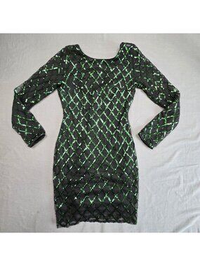 Forever 21 Small Long Sleeve Sequin Green & Black Mini Dress Party Cocktail